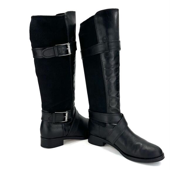 Cole Haan Whitley Black Riding Tall Boot Sz 6.5 Leather & Stretchy Suede Pull-On - Picture 11 of 16